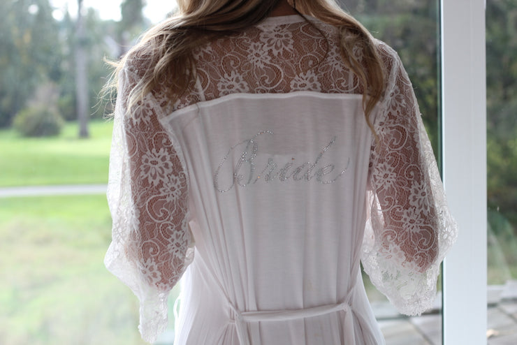 bridal robe back with bride written in crystals
